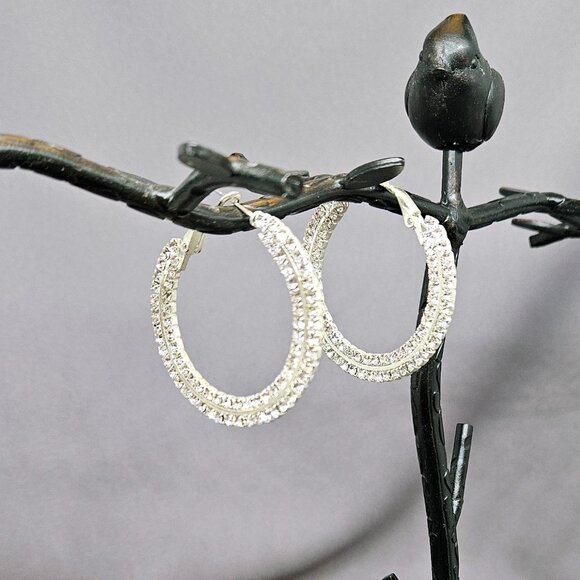 Rhinestone Hoop Earrings, Silver Plated  - 1 3/4" - Picture 4 of 6